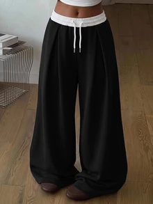 SHEIN 青少年女孩純色抽繩腰休閒百搭日常穿著長褲 - 黑色 - 查看 3