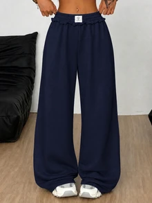 SHEIN 青少年女孩灰色大尺寸運動長褲，冬季寬鬆休閒極簡舒適中腰對比色抽繩裝飾褲，四季皆宜 - 藍色 - 查看 2