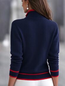 SHEIN Women's Colorblock Casual Versatile Daily Wear Cardigan - Navy Blue - View 2