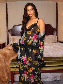 Slumberist Women's Sexy Floral Print Mesh Sheer Camisole, Long Pants And Robe 3 Pieces Set - Black - View 3