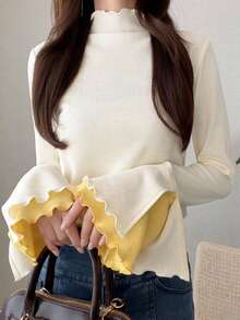 DAZY Teen Girls Half Mock Neck Patchwork Long Sleeve Inner Layer T-Shirt, Autumn - Beige - View 6