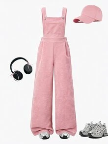 SHEIN 少女女孩抓絨秋季服飾 秋冬羅紋燈芯絨可調扣彈性腰連身褲，日常穿著校園風 白色粉色可愛款 - 粉色 - 查看 3