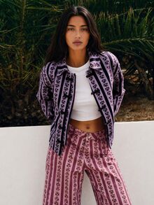 Nöista Denim Jacket With Floral And Stripes Print - Purple - View 8