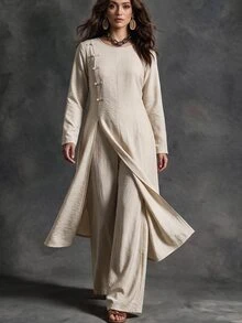 GlowEve CURVE Women's Elegant Round Neck Chinese Frog Button Flared Split Long Sleeve 2 Pieces Set Autumn/Winter Wedding Guest Party Formal Dress Grey - Light Grey - View 1