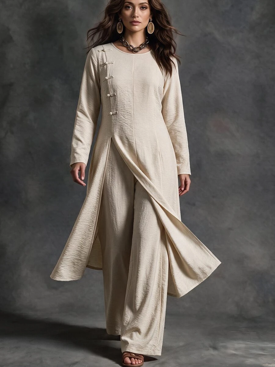 GlowEve CURVE Women's Elegant Round Neck Chinese Frog Button Flared Split Long Sleeve 2 Pieces Set Autumn/Winter Wedding Guest Party Formal Dress Grey - Light Grey - View 1
