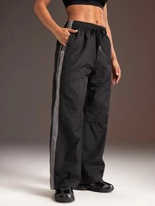 Powerista Women's Side Stripe Drawstring Waist Loose Fit Sports Long Pants - Black - View 1