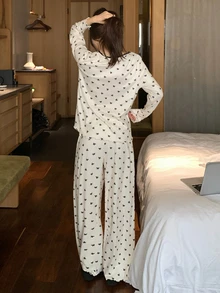 DAZY Women's Bowknot Decor Long Sleeve Top And Long Pants Pajama Set - Beige - View 2