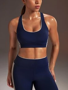 Powerista Áo ngực thể thao dạng chui đầu nữ màu xanh navy phối kem, 3 sọc, đệm tháo rời, lưng racerback - Màu xanh hải quân - Xem 4