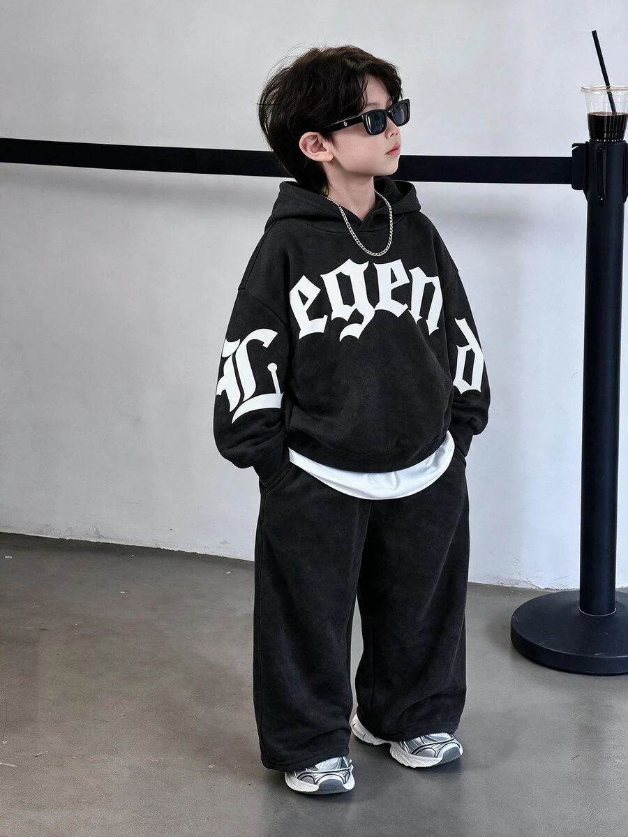 SHEIN Little Byeori 2件組兒童小男孩休閒街頭風韓式雪花與大字母印花秋季連帽長袖衛衣,純色鬆緊腰設計 - 黑色 - 查看 1