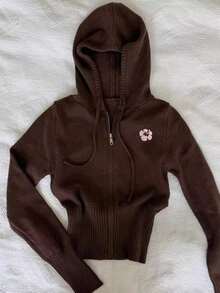 IslaSuriya Women's Floral Embroidered Pattern Casual Daily Wear Hooded Cardigan - Brown - View 1