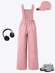 SHEIN 少女女孩抓絨秋季服飾 秋冬羅紋燈芯絨可調扣彈性腰連身褲，日常穿著校園風 白色粉色可愛款 - 粉色 - 查看 2