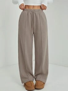 SHEIN PETITE 女款冬季鵝卵石飾邊直筒運動長褲，畢業季返校穿搭，教師穿搭，小碼運動居家休閒淺灰色 - 駝色 - 查看 6