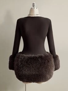 SHEIN ICON Women's Plus Size Brown Long Sleeve Jumpsuit And Faux Fur Skirt Fashion Set Winter - Brown - View 2