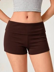 SHEIN BASICS 女款休閒基礎保守版寬鬆運動休閒風純色羅紋針織短褲，夏季健身房運動白色運動健身皮拉提斯 - 咖啡棕 - 查看 5