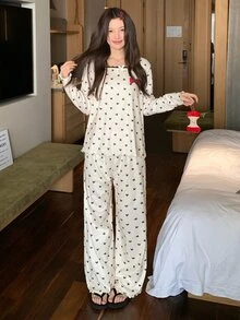 DAZY Women's Bowknot Decor Long Sleeve Top And Long Pants Pajama Set - Beige - View 7