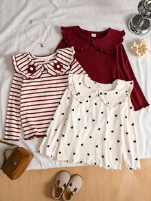 SHEIN 女童休閒舒適保暖百搭愛心印花條紋彼得潘領 3D鉤編花朵裝飾 3件組T恤套裝 秋冬款 - 酒紅色 - 查看 1