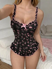 PetitDoll 女款性感針織羅紋提花印花荷葉邊裝飾連身褲 - 黑色 - 查看 1