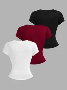Sweetra 3pcs/Set Women's Plus Size Deep V-Neck Short Sleeve Casual Commute Versatile T-Shirt Tops, Spring/Summer - Multicolor - View 2