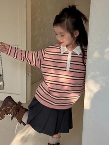 Dazy Kids Young Girl Striped Polo Collar Long Sleeve Casual T-Shirt - Pink - View 7