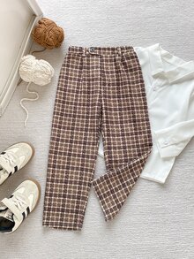 PrepCrw Young Boy Plaid Casual Versatile Daily Travel Long Pants - Brown - View 2