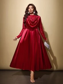 Viva Relle Plus Size Cowl Neck Lace Patchwork Stand Collar Cocktail Dress - Red - View 4
