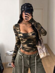 Coolane 女款秋冬街頭風休閒 Y2K 外出穿搭復古圖案迷彩彈性胸衣方領長袖 T 恤 - 棕色 - 查看 4