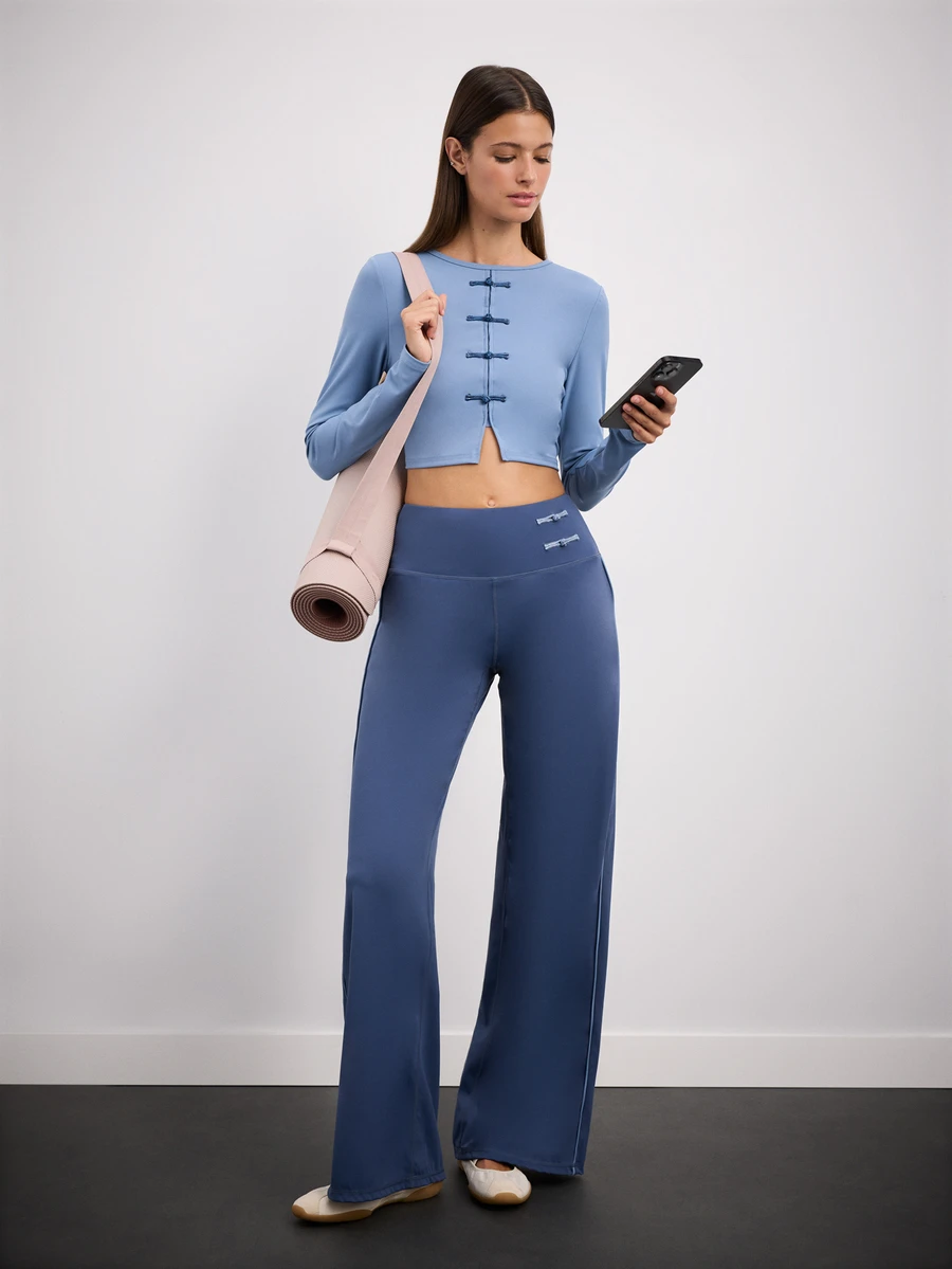 Nöista Women's Cropped Frog Button Top And Long Pants Sports Set - Blue - View 1