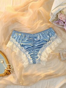 DelicateAllure Plus Size Lace Patchwork Bow Decor Sweet Triangle Panties - Blue - View 2