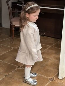 Dazy Kids Bộ áo cardigan cài nút ren và chân váy cho bé gái - Đỏ - Xem 8