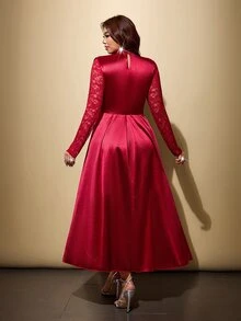 Viva Relle Plus Size Cowl Neck Lace Patchwork Stand Collar Cocktail Dress - Red - View 2