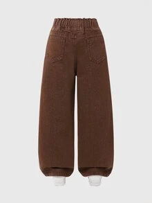 SHEIN 青少年女孩牛仔寬腿長褲，水洗黑牛仔，休閒百搭極簡日常校園風推薦，彈性腰頭舒適穿著，寬鬆修身，適合日常出遊、週末購物與用餐，開學季必備，四季百搭單品 - 咖啡棕 - 查看 7