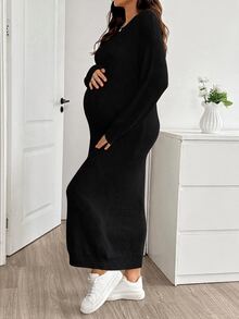 SHEIN Maternity Solid Color Casual Daily Knit Dress Winter - Black - View 4
