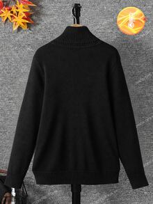 SHEIN 青少年男孩舒適高領長袖套頭毛衣，白色，秋季，休閒，校園，返校季，復古百搭冬季衣物 - 黑色 - 查看 2