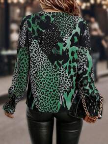 Linhara CURVE Plus Size Women's Leopard Print Notch V-Neck Long Sleeve Fashion Blouse - Dark Green - View 2