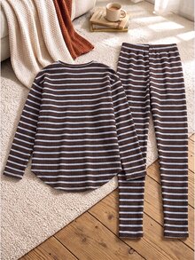SHEIN Vintaside Kids 女童軟綿復古條紋上衣，圓弧下擺，搭配寬鬆長褲，修身顯瘦，輕盈春秋套裝，返校穿搭 - 棕色 - 查看 7