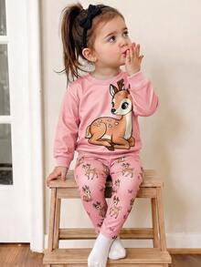 SHEIN Babygirl Cute Casual Cartoon Pattern Sweatshirt & Elastic Waist Long Autumn Winter Pants Set - Pink - View 5