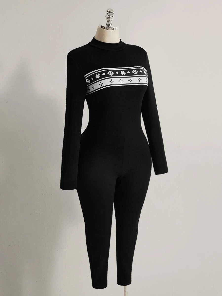 SHEIN ICON 女款大尺碼拼色休閒日常穿著連身褲 - 黑色 - 查看 1