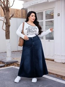 SHEIN EZwear 大尺碼牛仔迷你裙，適合夏季女款休閒裙 - 深色水洗藍 - 查看 3