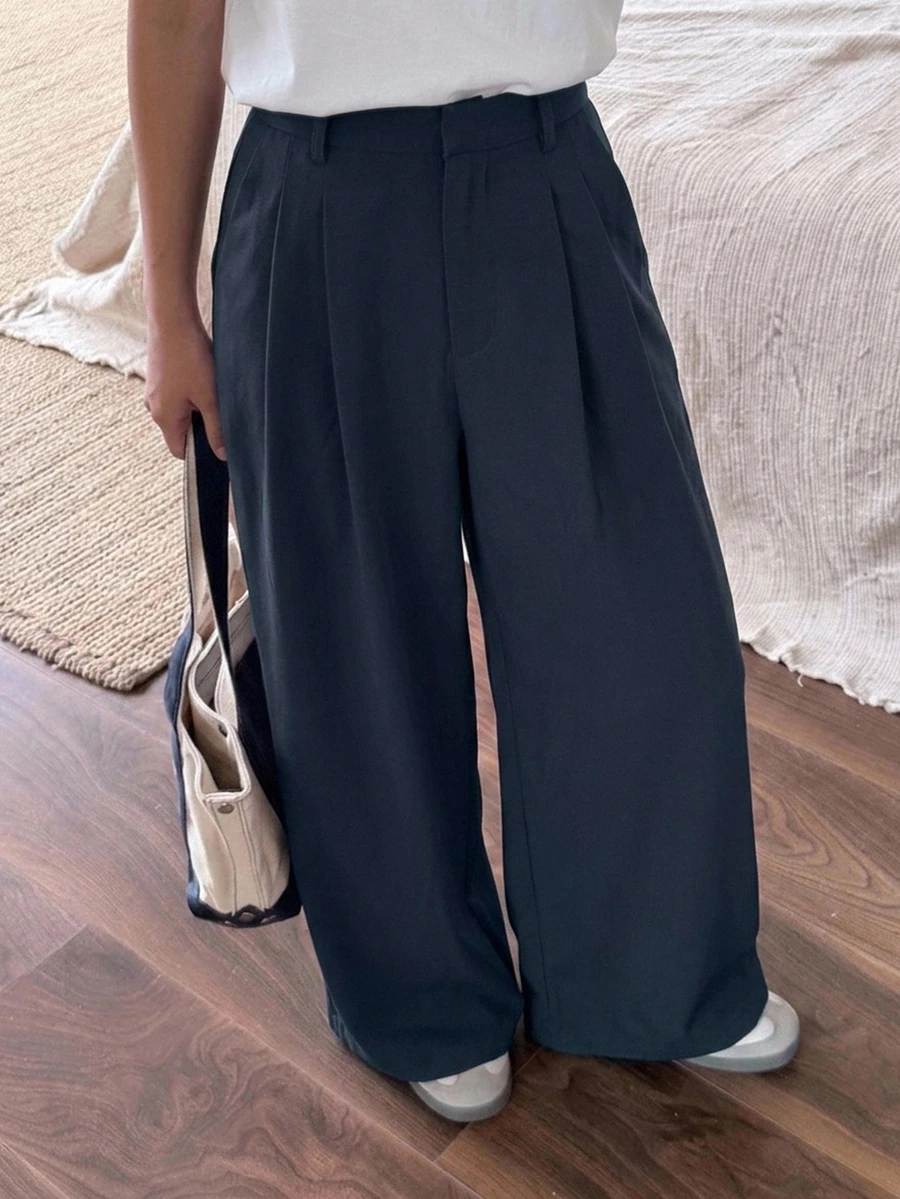 DAZY Tween Girl Fall Clothes Tween Girl) Solid Color Woven Wide Leg Long Pants - Navy Blue - View 1