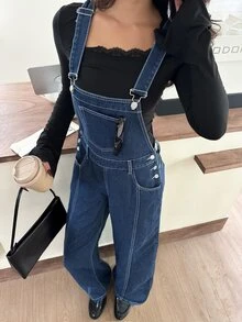 Rivivi 女款休閒寬腿牛仔連身褲，附口袋 - 深色水洗藍 - 查看 4