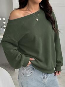 SHEIN EZwear 女款深棕色寬鬆保暖內裡不對稱肩領衛衣，秋冬早午餐休閒穿搭 - 軍綠色 - 查看 6