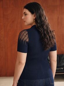 Anewsta Plus Size Women's Mesh Patchwork Casual Daily Knit Top - Navy Blue - View 7