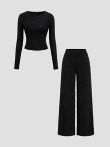 Autumina Women's Autumn/Winter Casual Fashion Lazy Minimalist Daily Gathering Photo Sweater 2 Pieces Set - Black - View 1
