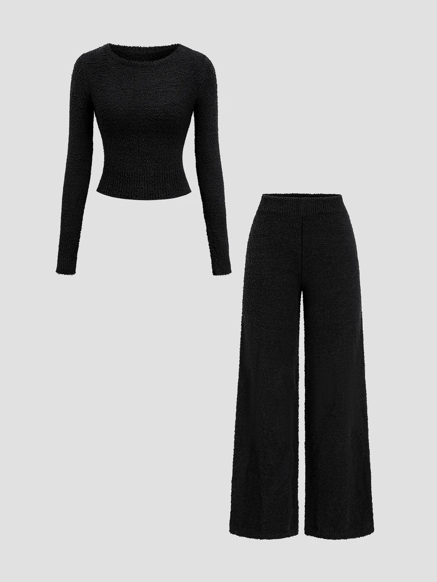 Autumina Women's Autumn/Winter Casual Fashion Lazy Minimalist Daily Gathering Photo Sweater 2 Pieces Set - Black - View 1