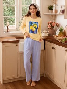 Tulorae Women's Pastoral Farm Lemon Print Round Neck Long Sleeve Woven Pants Pajama Set - Yellow - View 9