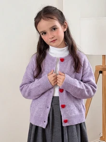 DAZY Áo cardigan nữ tween cổ tròn tay dài họa tiết trái tim cài nút màu trơn - Màu tím - Xem 3