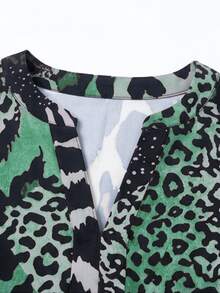 Linhara CURVE Plus Size Women's Leopard Print Notch V-Neck Long Sleeve Fashion Blouse - Dark Green - View 8