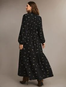 Freevana 女款大尺碼長洋裝，V領與缺口領設計，黑色碎花蕾絲飾邊，優雅鄉村風，秋冬穿搭 - 黑色 - 查看 2