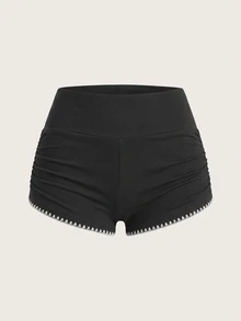 SHEIN EZwear 休閒極簡風女款花苞飾邊百褶底短褲 - 灰色 - 查看 3
