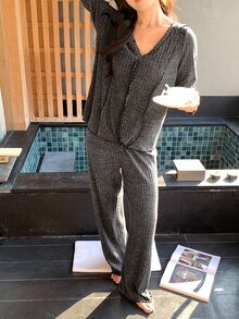 DAZY 2pcs Women's Pajama Set With V-Neck Long Sleeve Top And Straight Leg Long Pants, Featuring Wood Ear Trim And Ribbed Fabric - Dark Grey - View 5